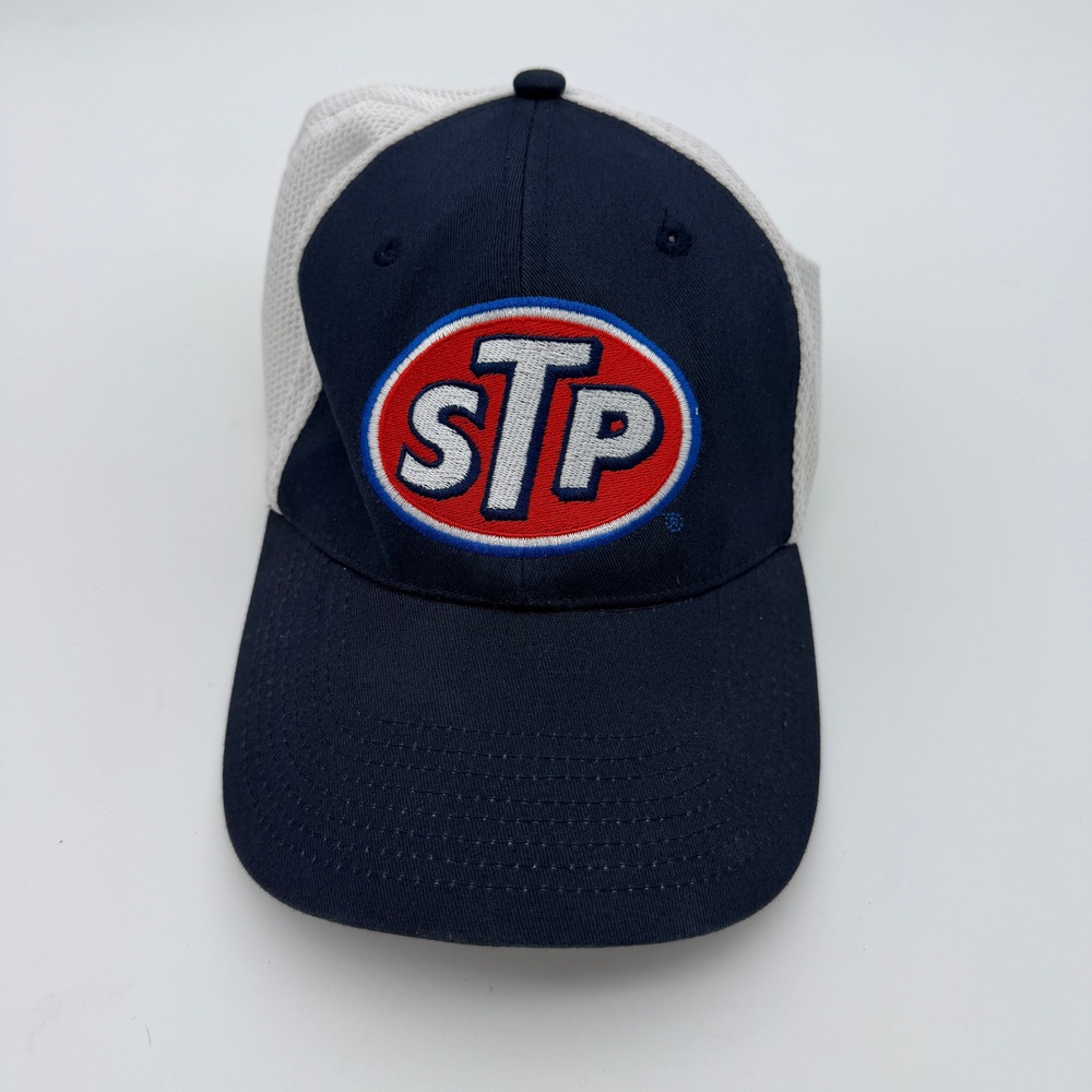 STP Racing Logo Trucker Hat Navy Blue White Mesh Embroidered Baseball Cap
